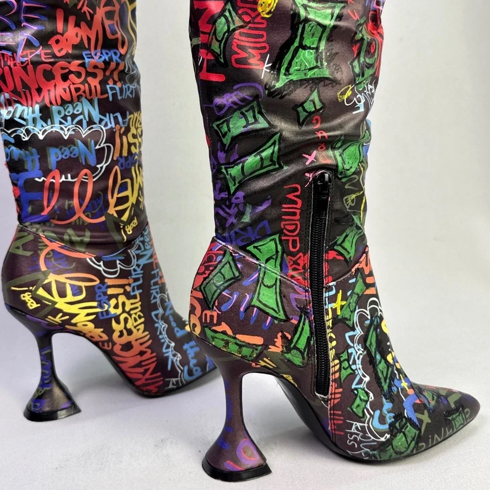 Revive Graf Multicolor Graffiti Print Over The Knee Flared Heel Boots woman  6.5